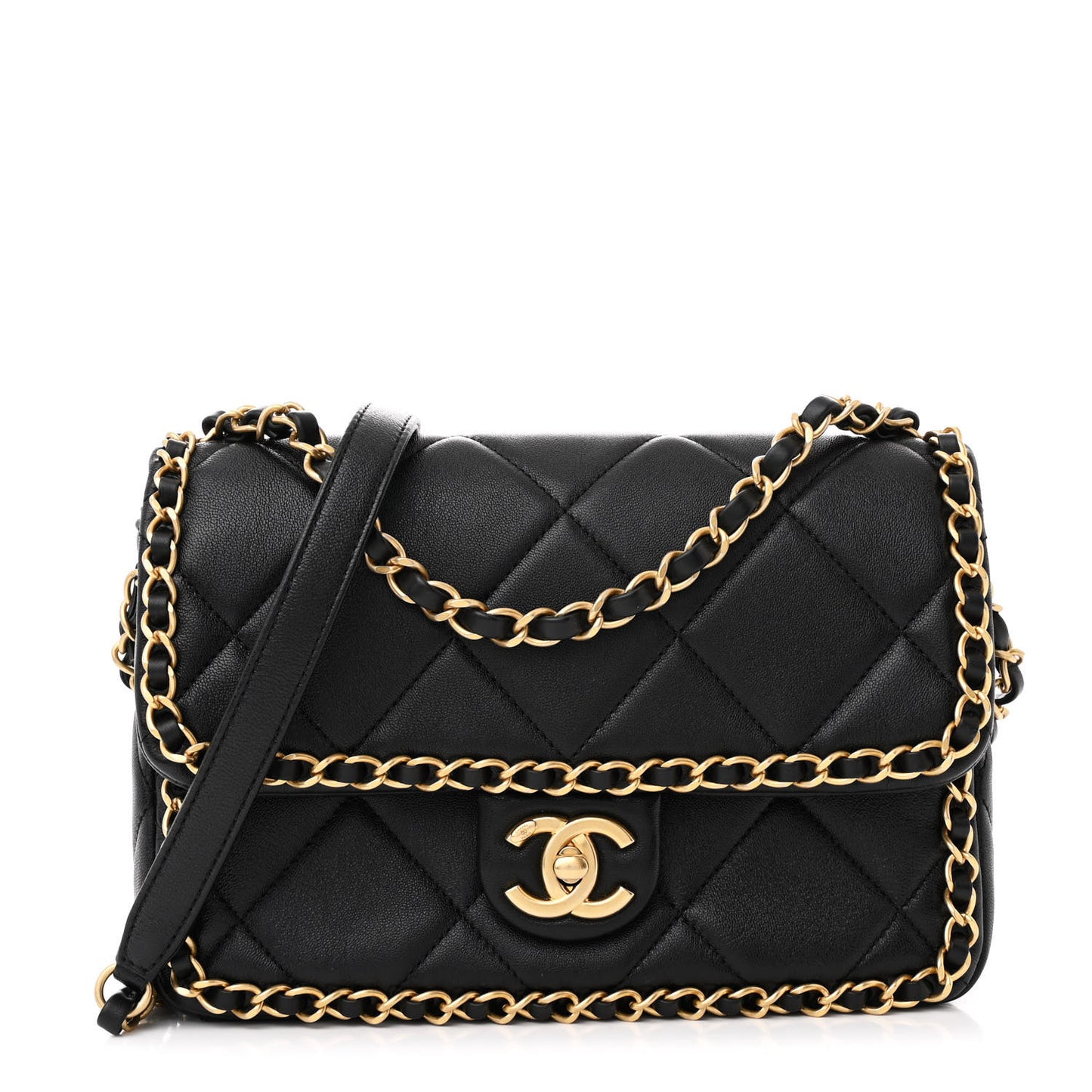 Lambskin Small Chain Around Top Handle Flap  Black