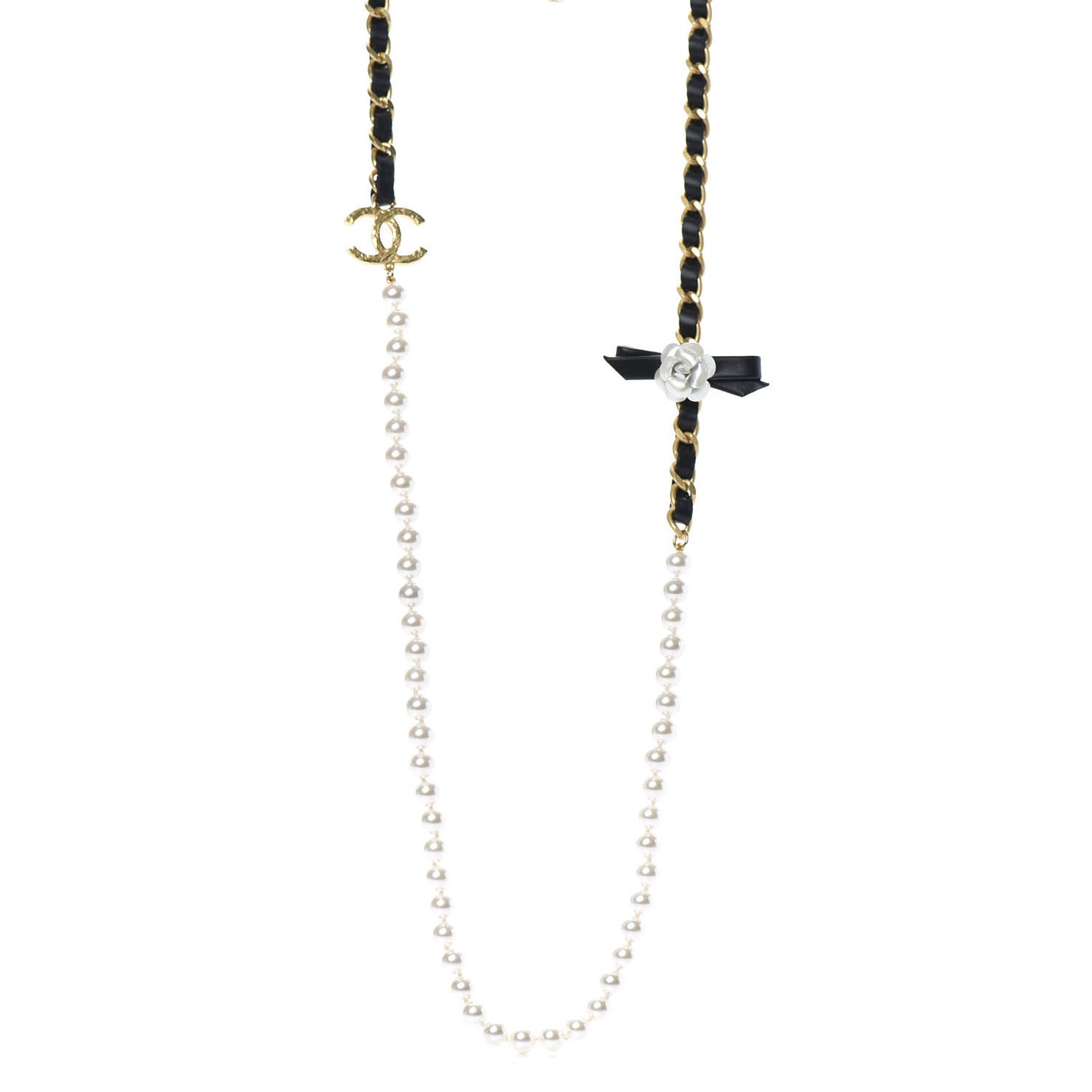 Calfskin Pearl Chain 90's Camellia Long Necklace Black Gold