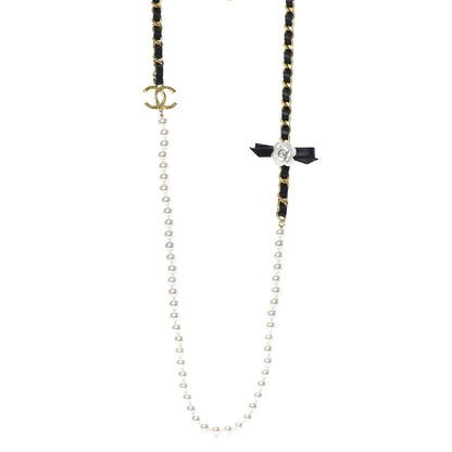 Chanel Calfskin Pearl Chain 90's Camellia Long Necklace Black Gold 1 of 5