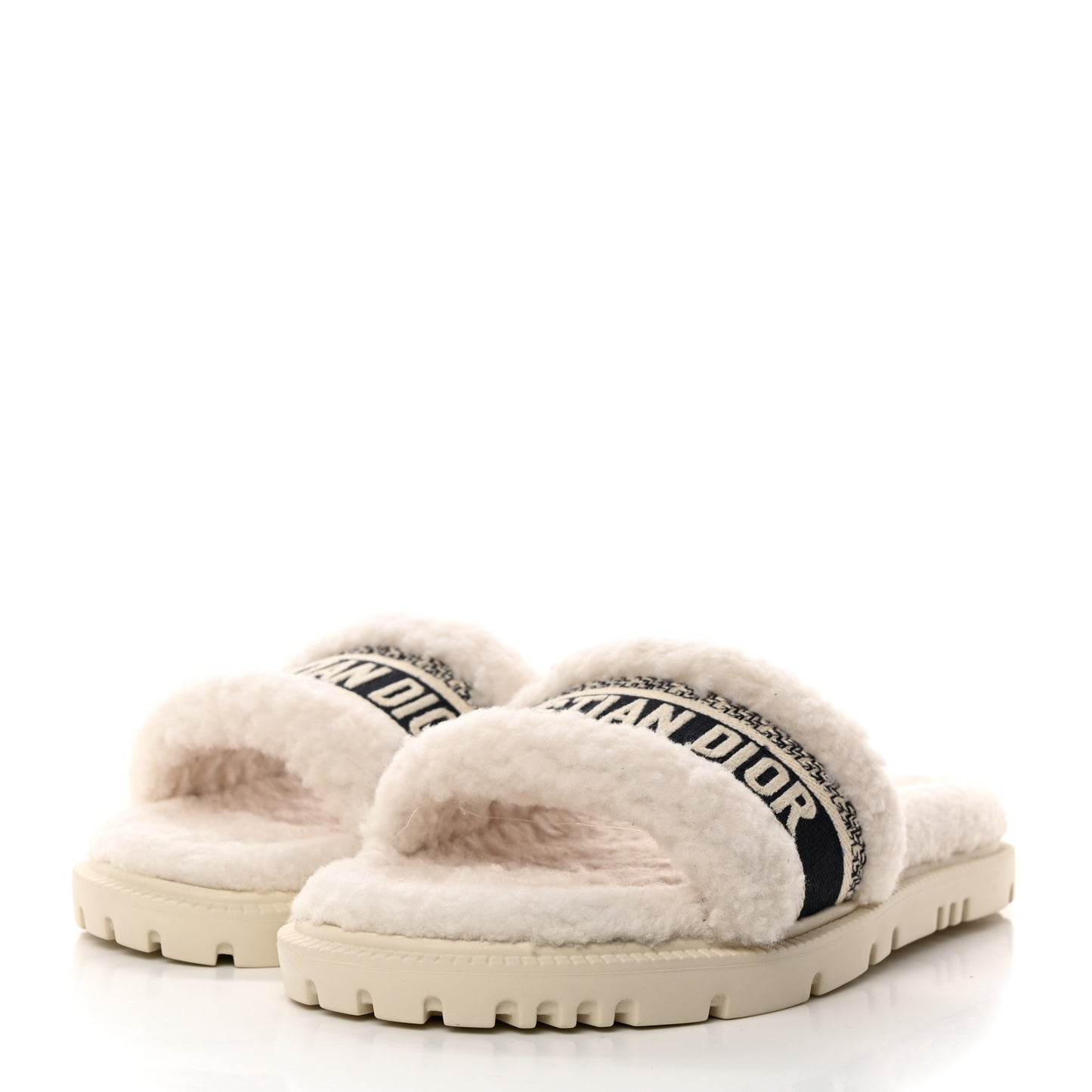 Shearling Canvas Embroidered Dway 10mm Slide Sandals 39 Natural Deep Blue