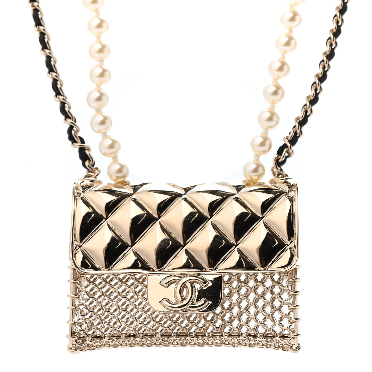 Chanel Metal Lambskin Pearl Chain Flap Bag Long Necklace Gold Black Pearly White 3 of 4