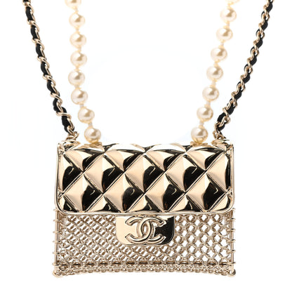 Chanel Metal Lambskin Pearl Chain Flap Bag Long Necklace Gold Black Pearly White 3 of 4