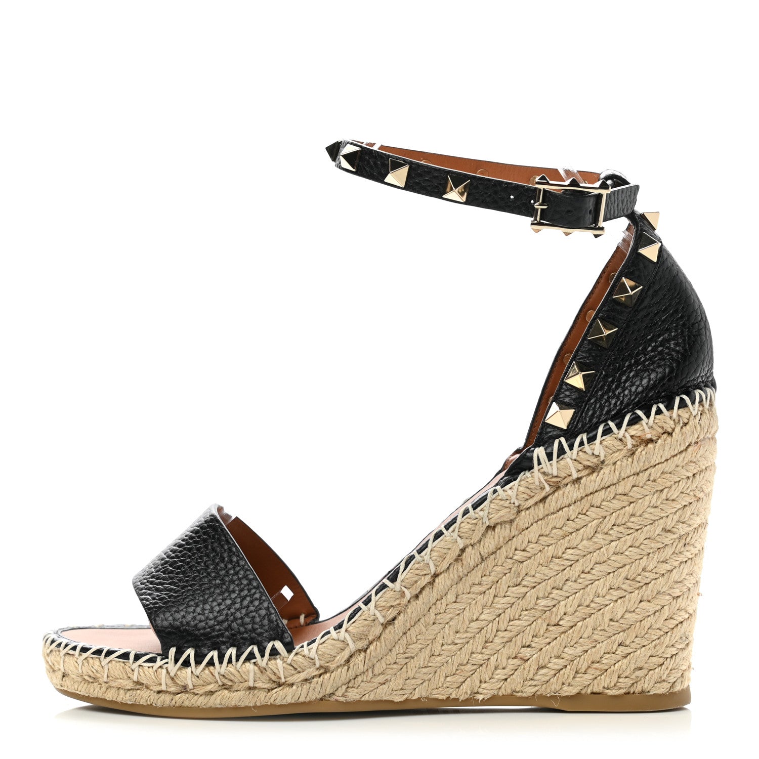 Valentino Garavani Grained Calfskin Rockstud Ankle Strap Espadrille 15/105mm Wedge Sandals 39 Black Light Cuir Natural 1 of 9