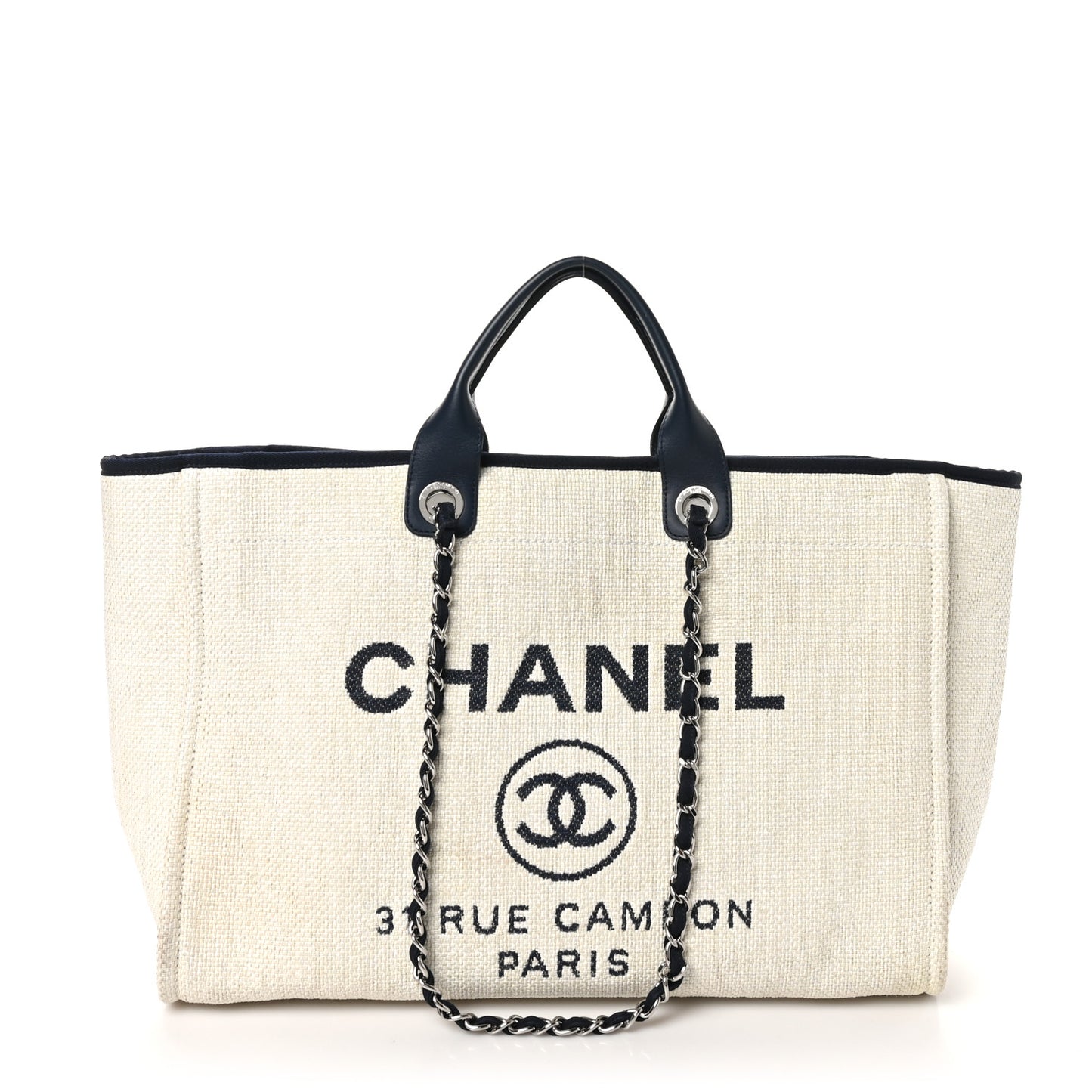 Woven Straw Raffia Large Deauville Tote White Navy
