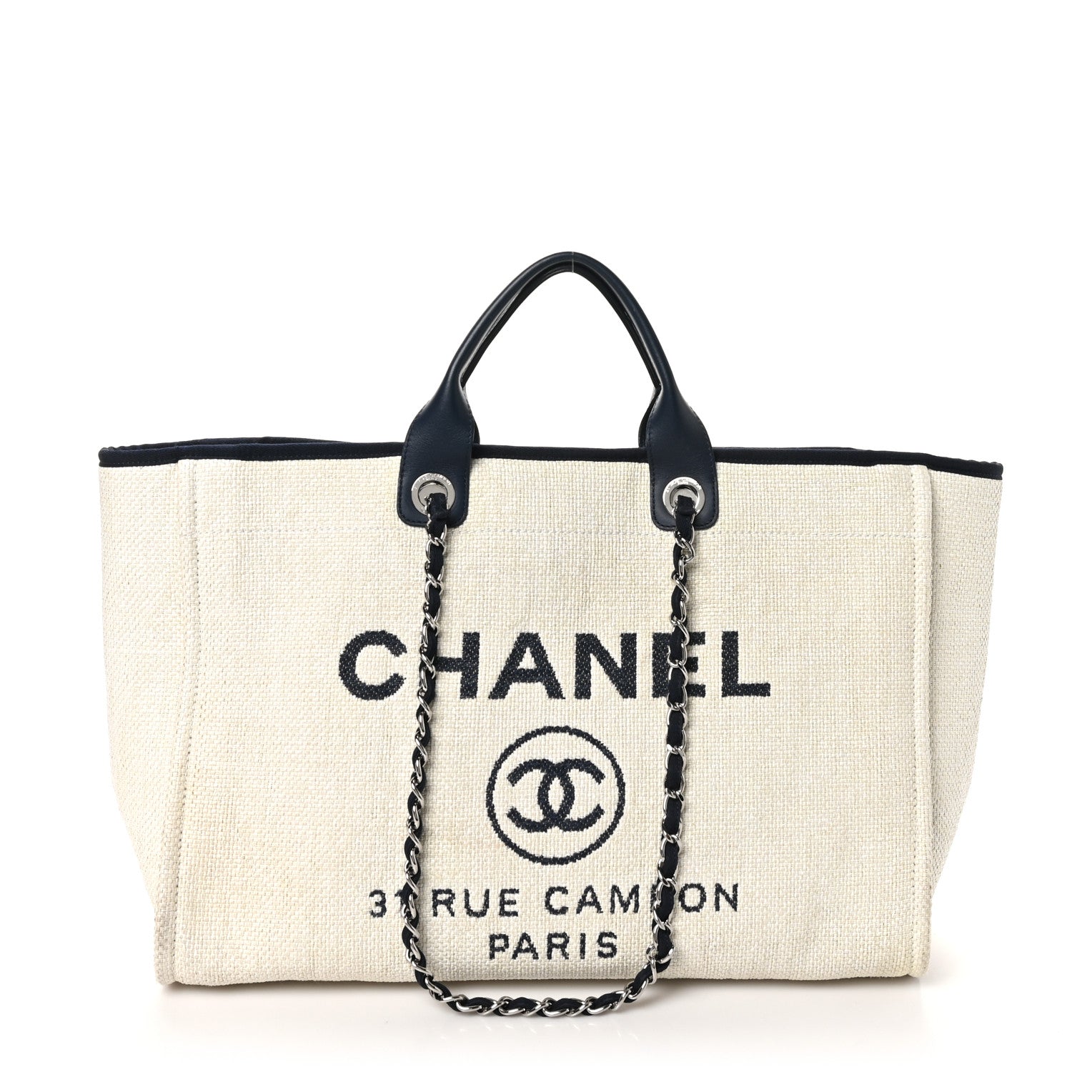 Chanel Woven Straw Raffia Large Deauville Tote White Navy 1 of 10