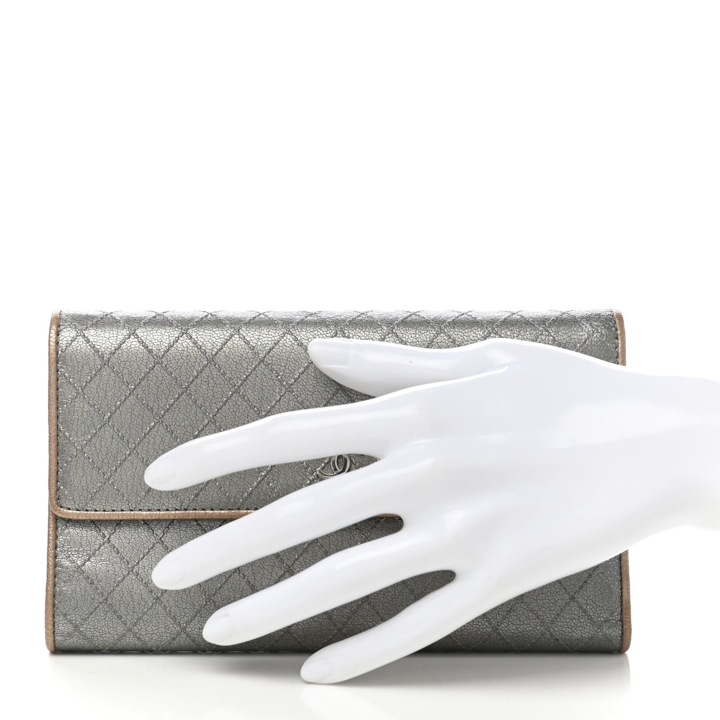 Metallic Calfskin Diamond Stitched Flap Wallet Silver Gold