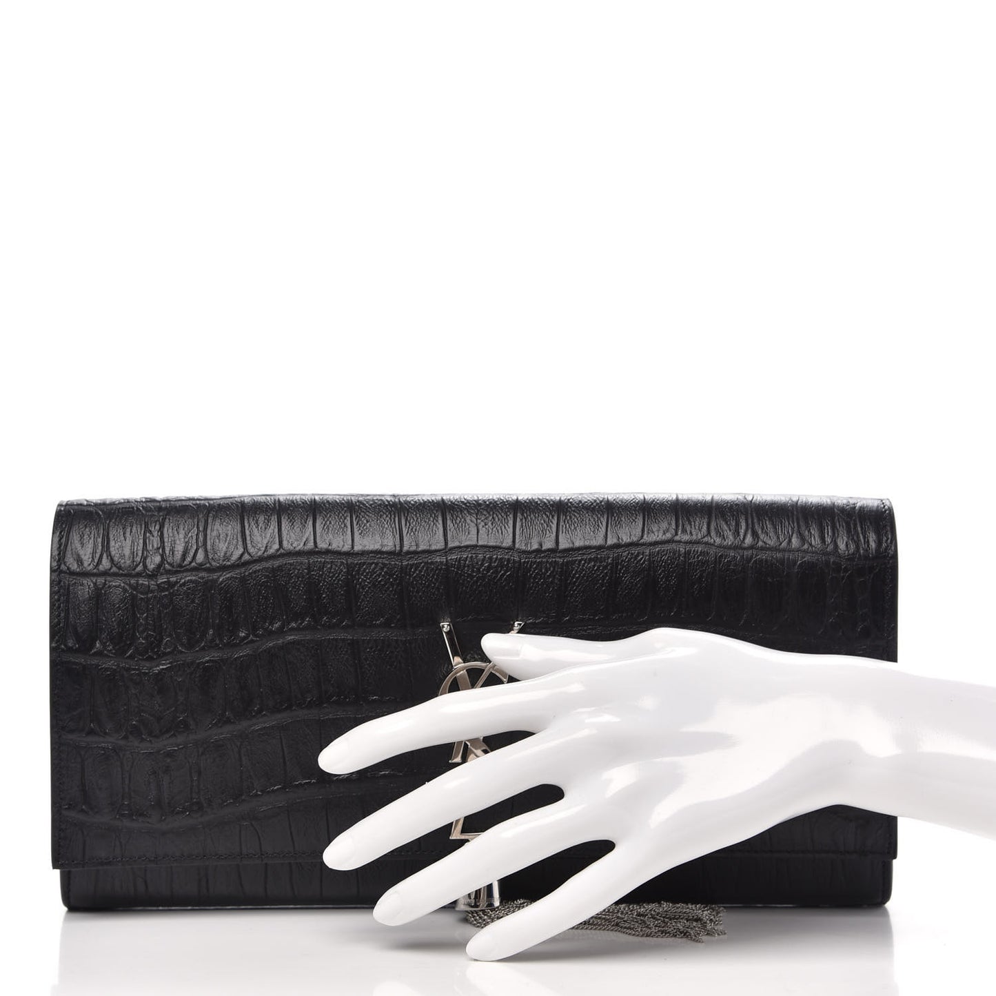 Calfskin Crocodile Embossed Classic Monogram Tassel Clutch Black
