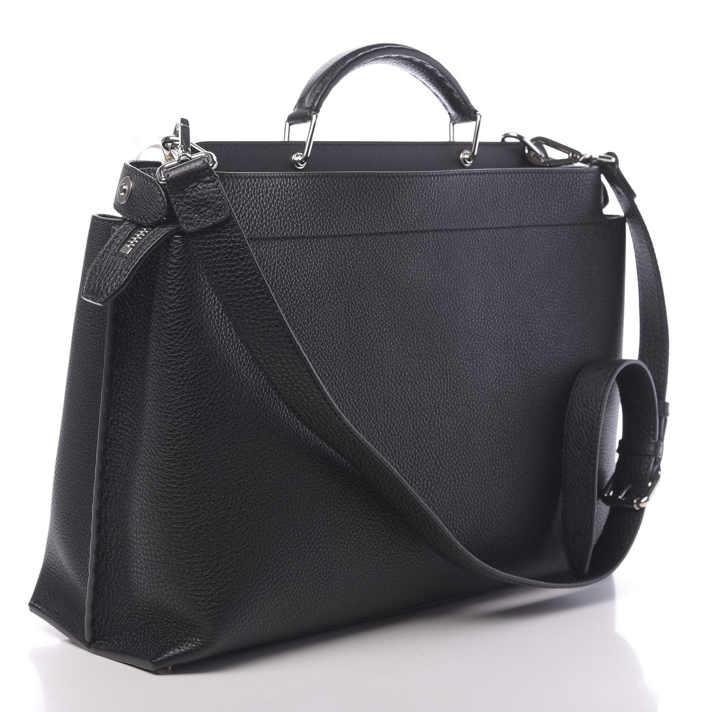 Cuoio Romano Selleria Vitello Grace Glazed Fabric FF 1974 Large Peekaboo Iconic Essential Satchel Black