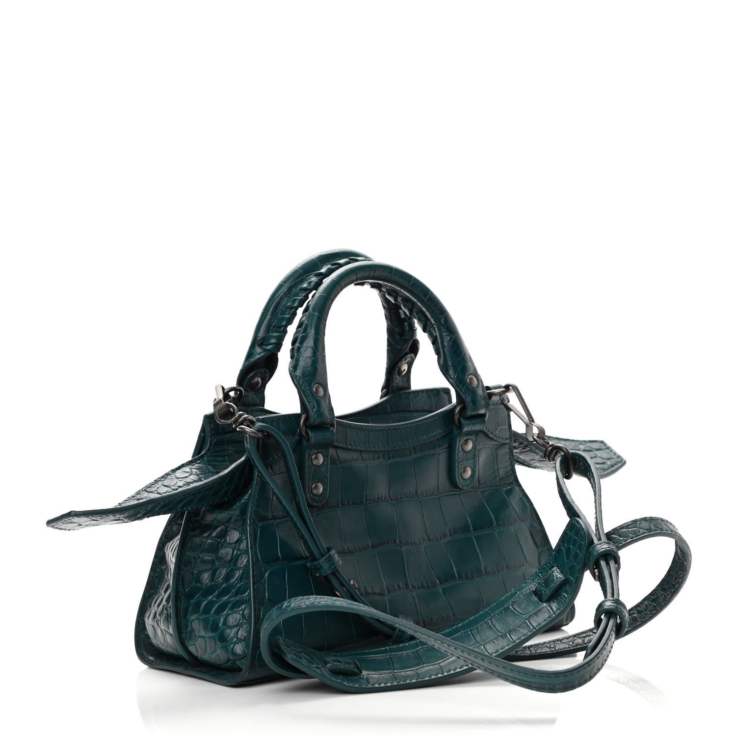 Balenciaga Calfskin Crocodile Embossed Neo Classic Silver Hardware Mini City Dark Petrol Blue 4 of 15