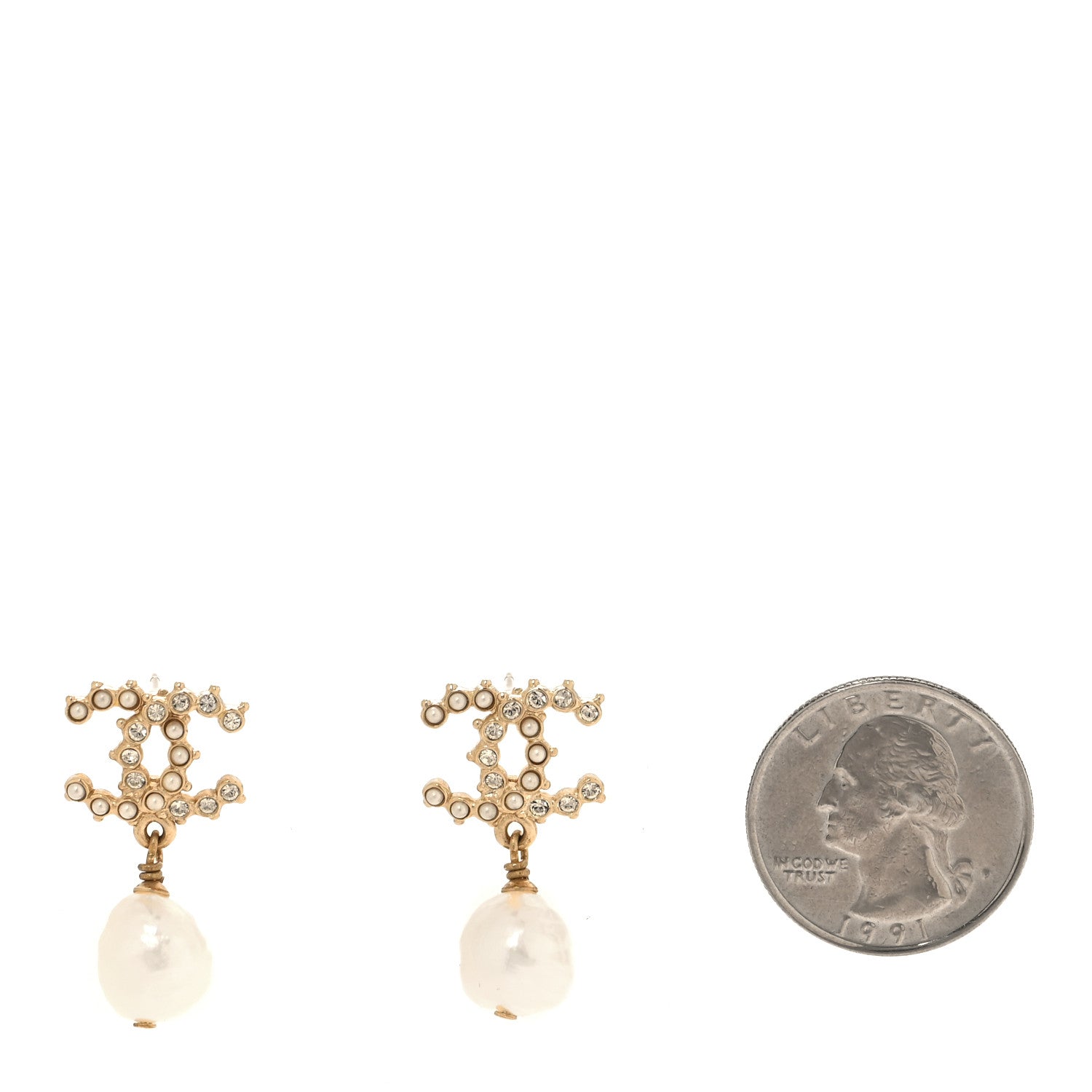 Chanel Crystal Pearl CC Drop Earrings Gold 2 of 5