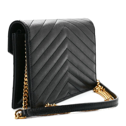 Saint Laurent Grain De Poudre Matelasse Chevron Monogram Envelope Chain Wallet Black 3 of 11