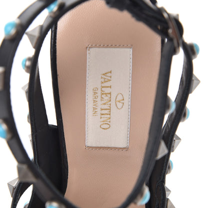 Valentino Garavani Pebbled Calfskin Turquoise Rockstud Rolling Ankle Strap 100mm Pumps 37 Black 7 of 9