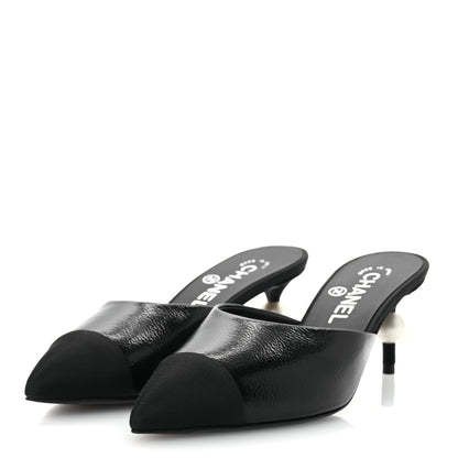 Chanel Calfskin Grosgrain Cap Toe Pearl Mule 36.5 Ecru Black 4 of 11