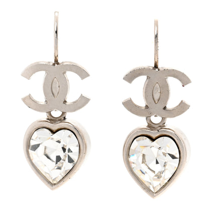 Chanel Crystal Heart CC Drop Earrings Silver 1 of 5