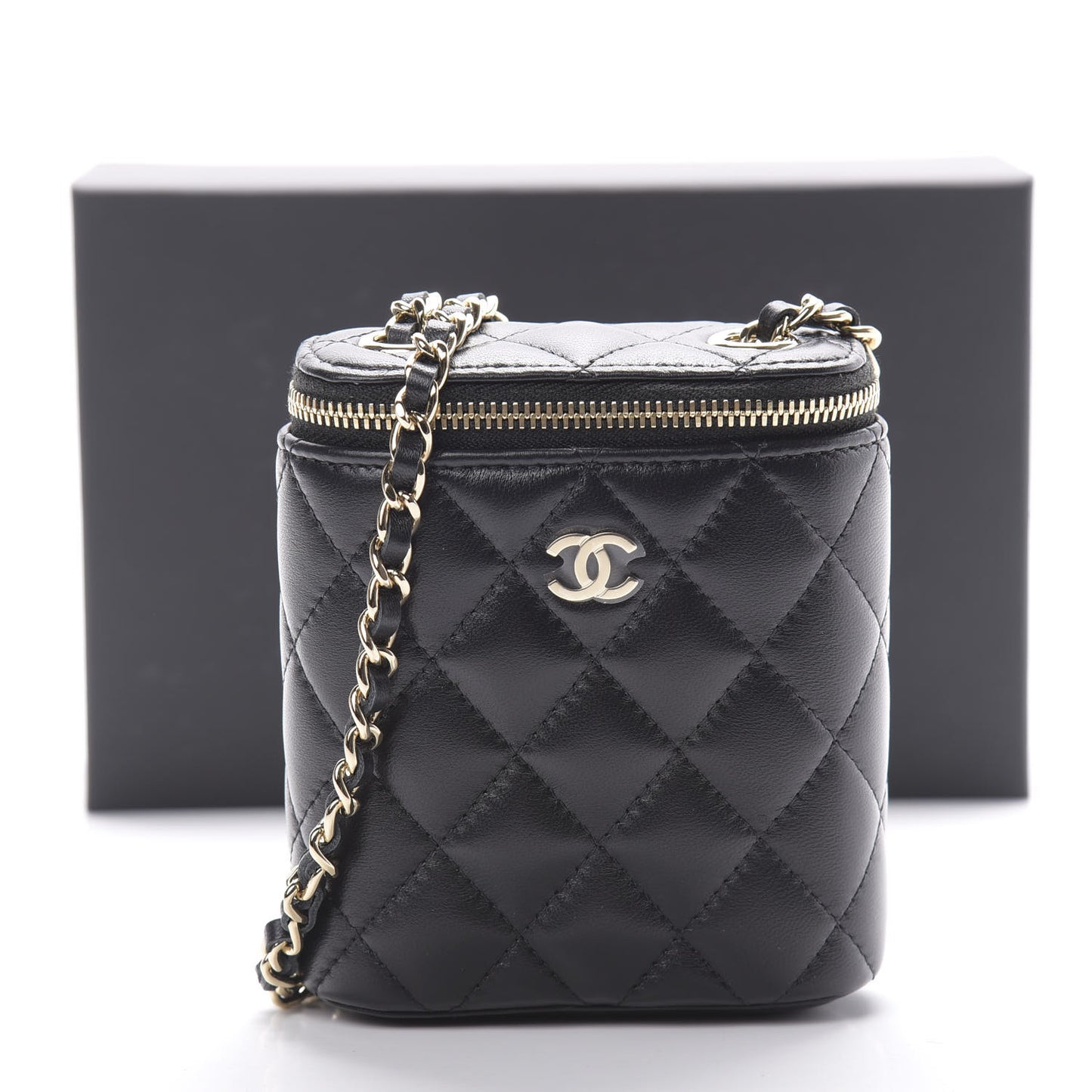 Lambskin Quilted Small Vertical Coco Beauty Vanity Case With Chain Black