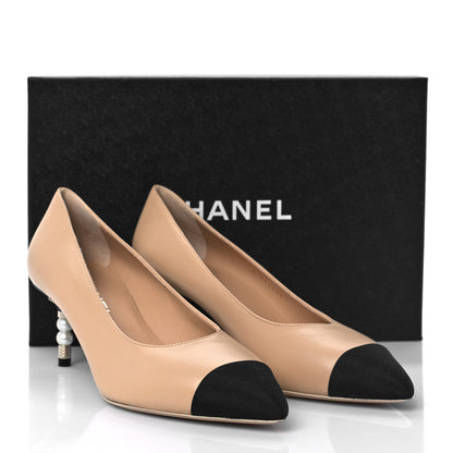 Chanel Lambskin Grosgrain Cap Toe CC Pearl Pumps 39.5 Beige Black 8 of 8