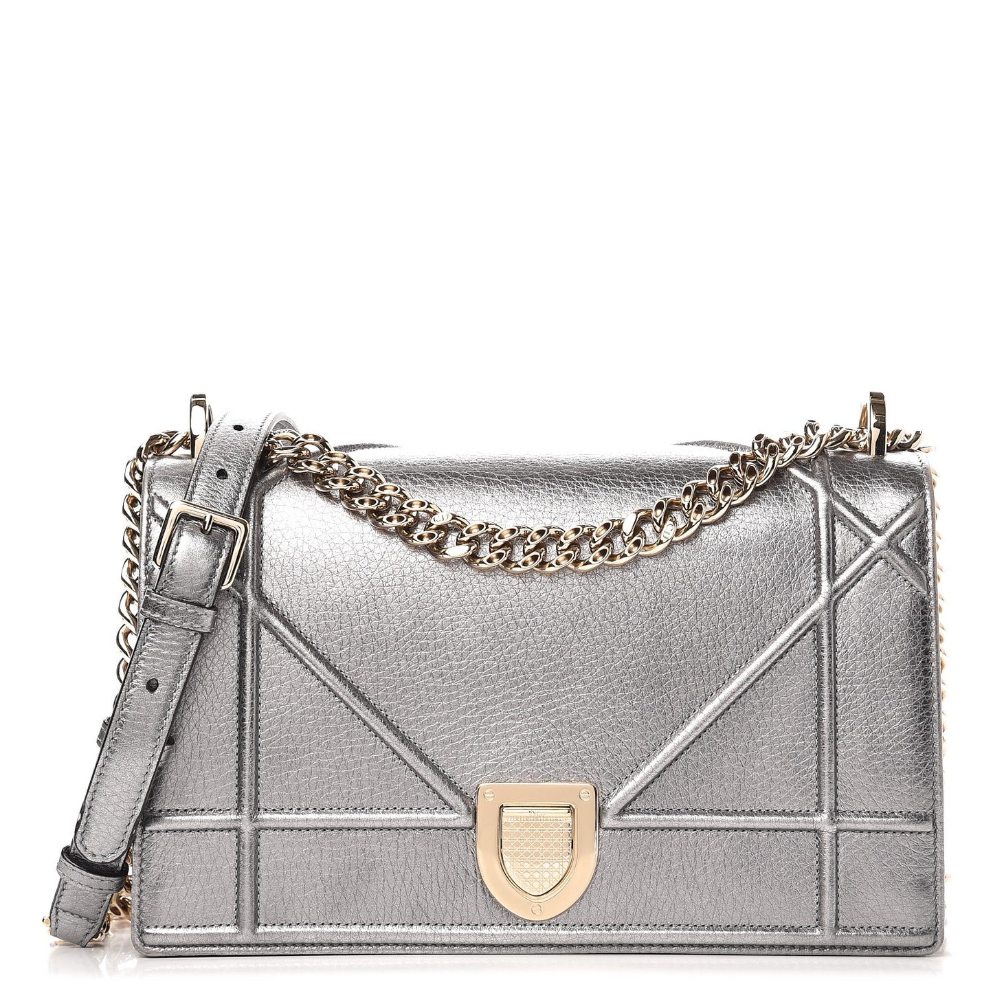 Metallic Grained Calfskin Medium Diorama Flap Bag Silver