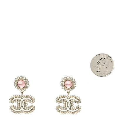Chanel Metal Crystal Pearl CC Drop Earrings Pink Gold 2 of 5