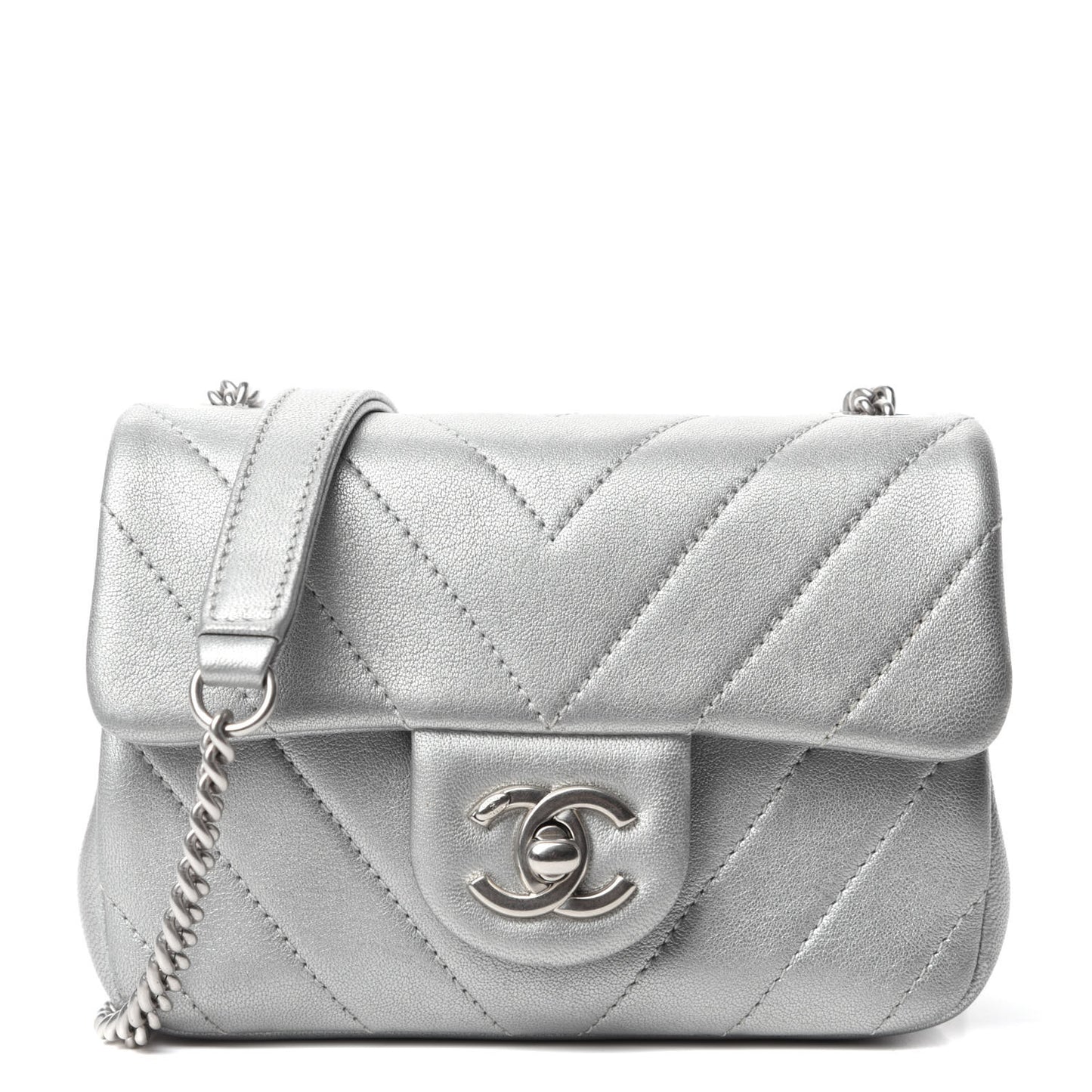 Metallic Lambskin Chevron Quilted Mini Flap Silver