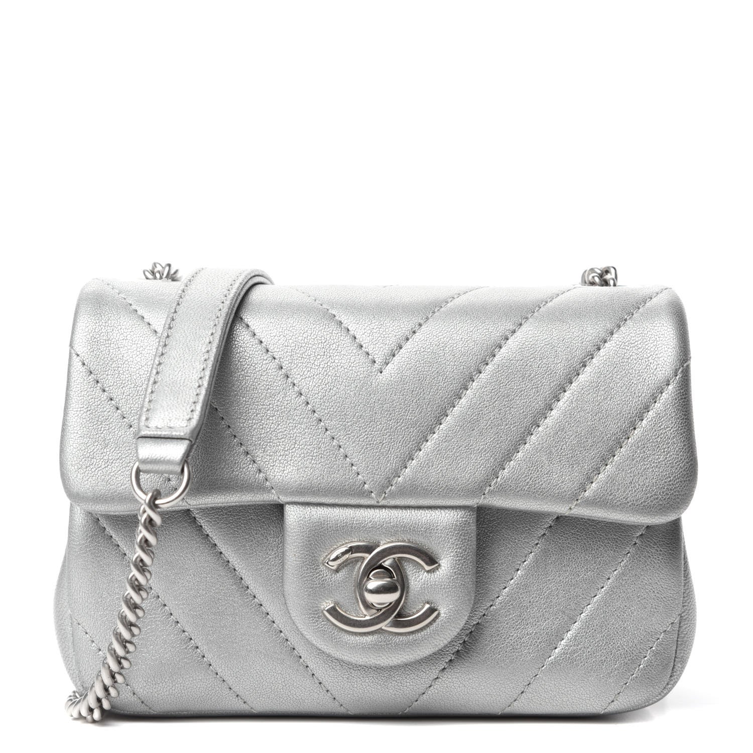 Chanel Metallic Lambskin Chevron Quilted Mini Flap Silver 1 of 10