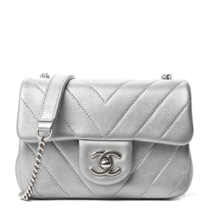 Chanel Metallic Lambskin Chevron Quilted Mini Flap Silver 1 of 10