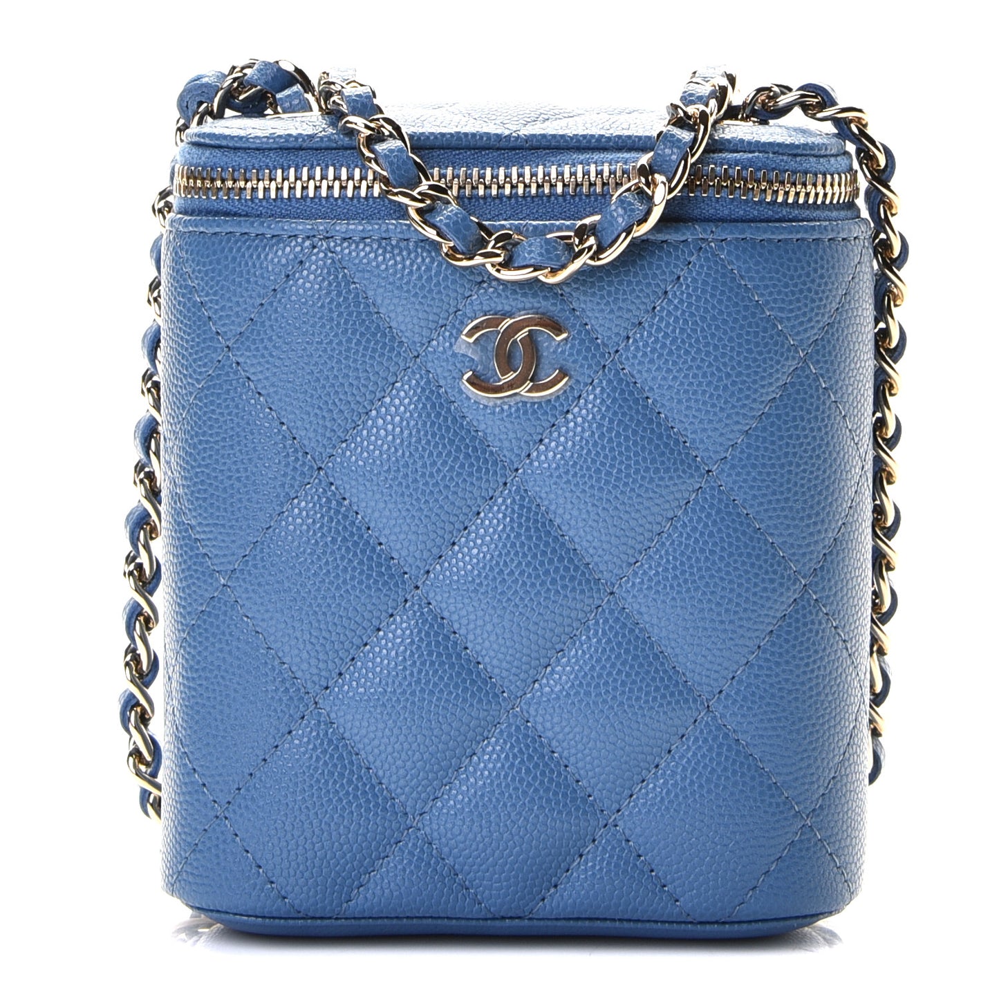 Caviar Quilted Small Vertical Coco Beauty Vanity Case With Chain Blue