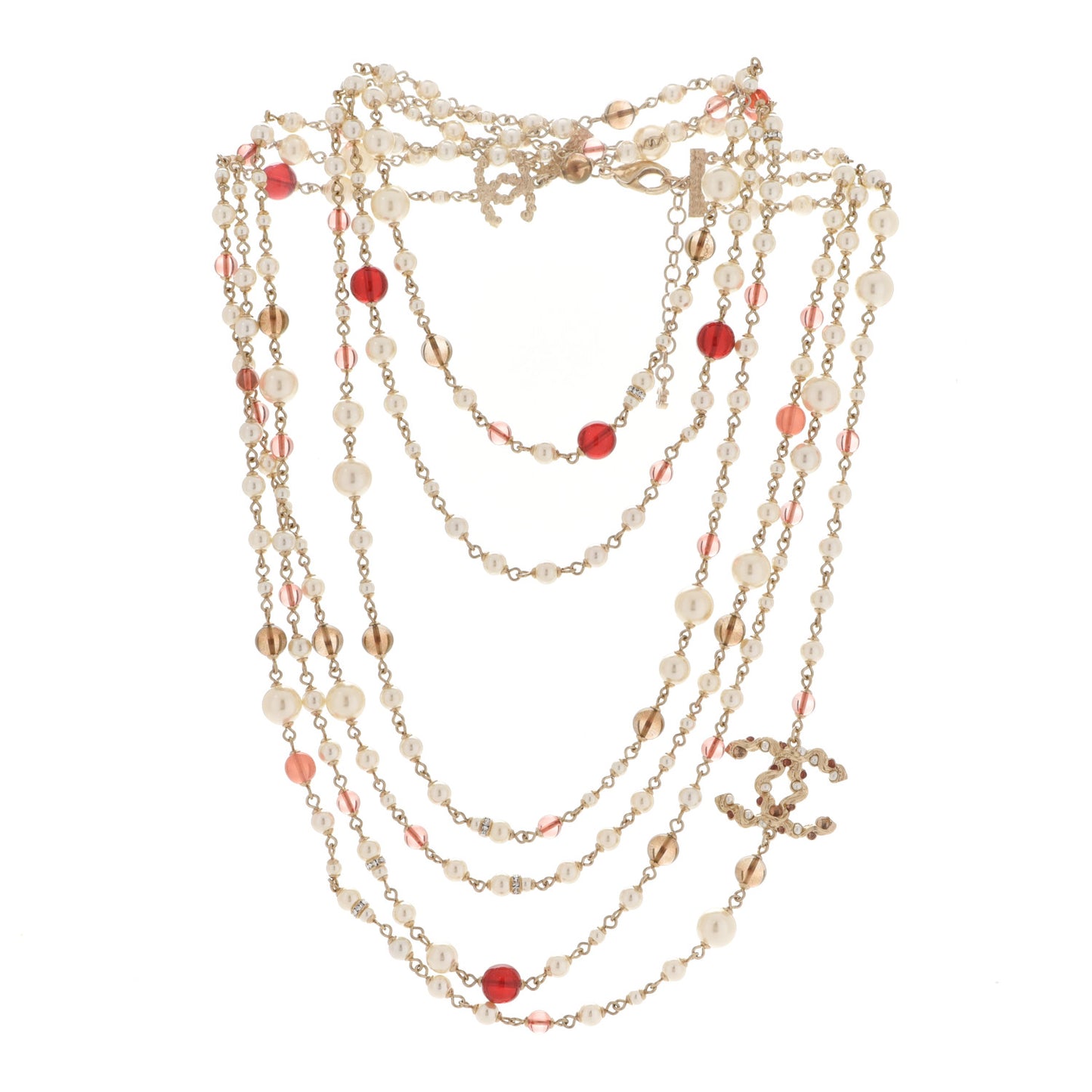 Pearl Bead Multi Strand CC Long Necklace Gold