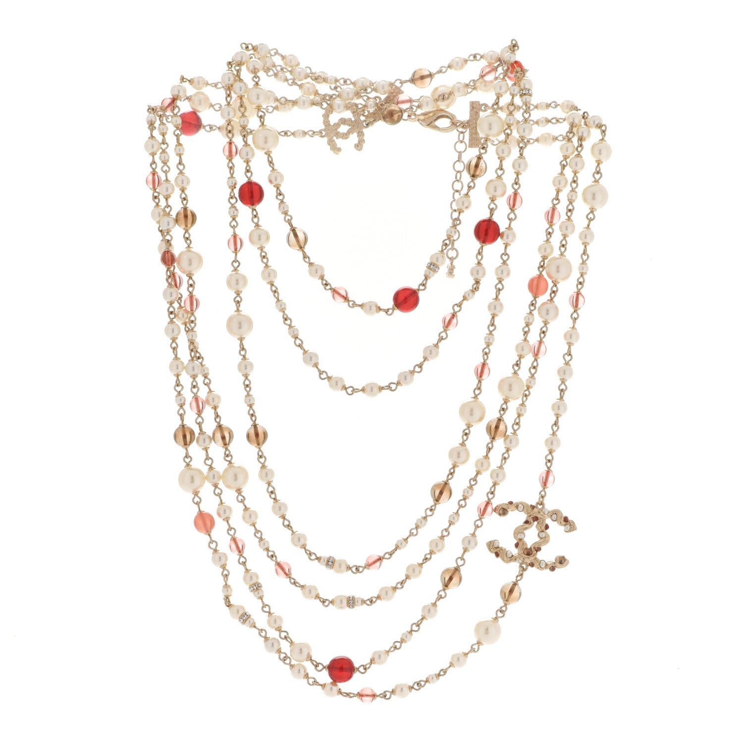 Chanel Pearl Bead Multi Strand CC Long Necklace Gold 3 of 5