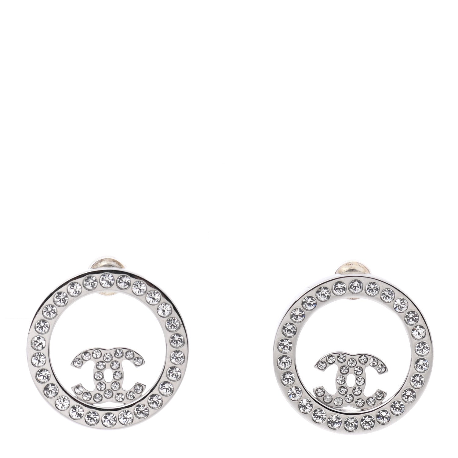 Chanel Crystal CC Round Earrings Silver 1 of 5