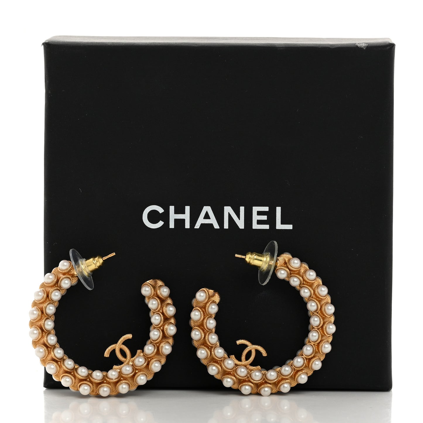 Metal Pearl CC Hoop Earrings Gold