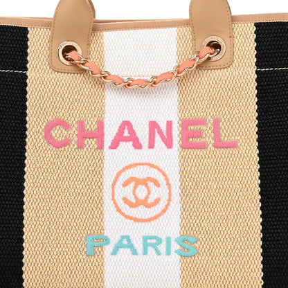 Chanel Straw Raffia Calfskin Striped Medium Deauville Tote Black Beige Ivory 8 of 10