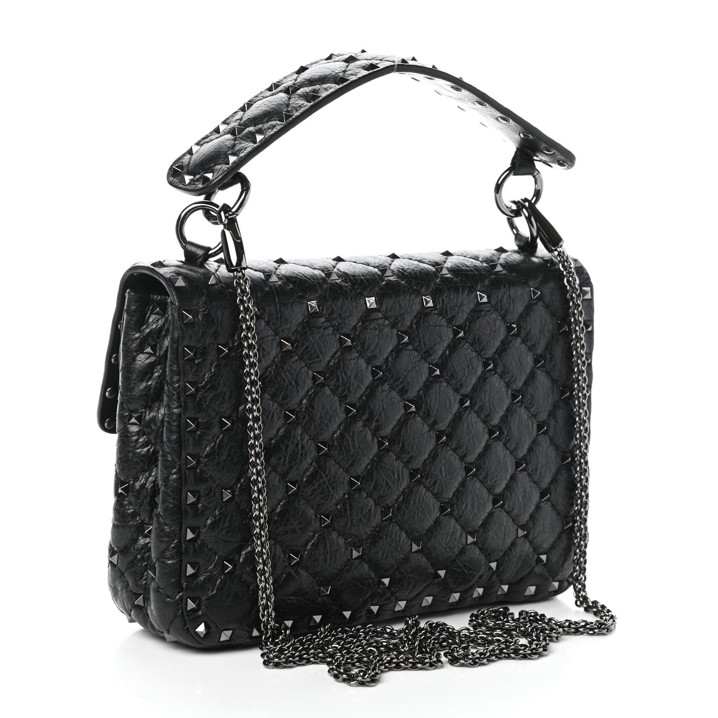 Craquele Nappa Medium Rockstud Spike Shoulder Bag Black