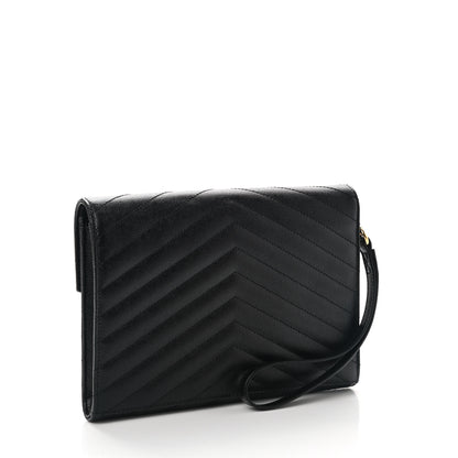 Saint Laurent Grain De Poudre Matelasse Chevron Monogram Envelope Clutch Black 3 of 10