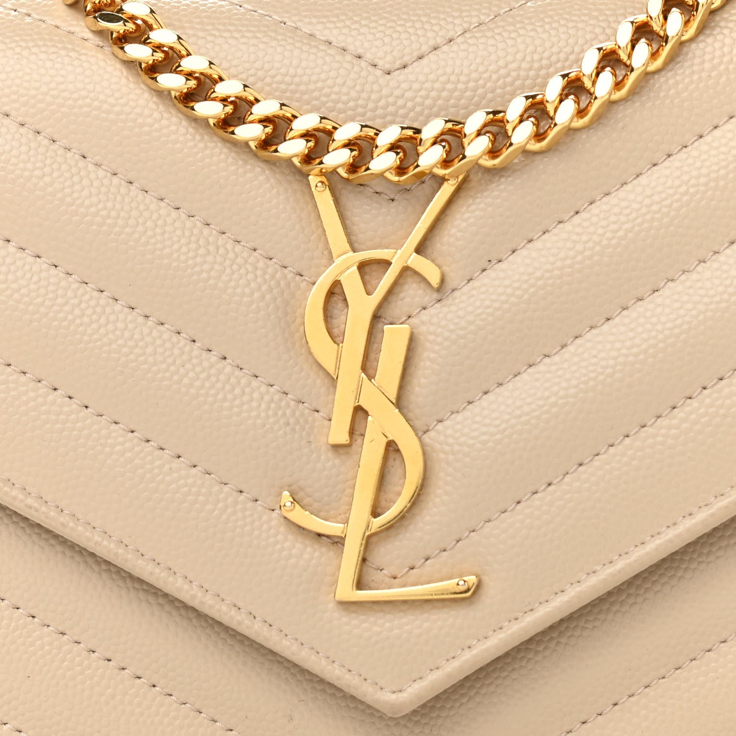 Saint Laurent Grain De Poudre Matelasse Chevron Cassandre Chain Wallet Deep Beige 7 of 9