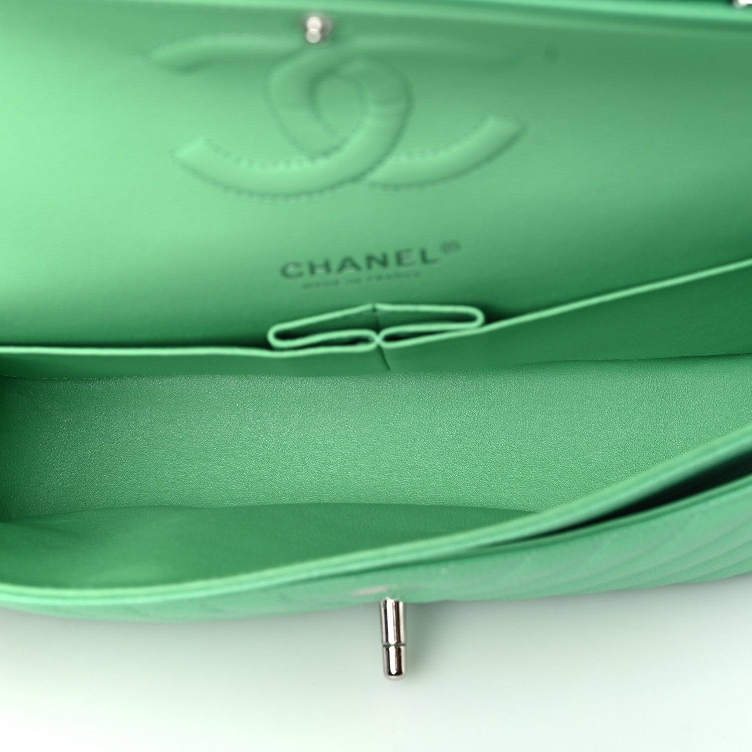 Chanel Caviar Chevron Quilted Medium Double Flap Green 4 of 9