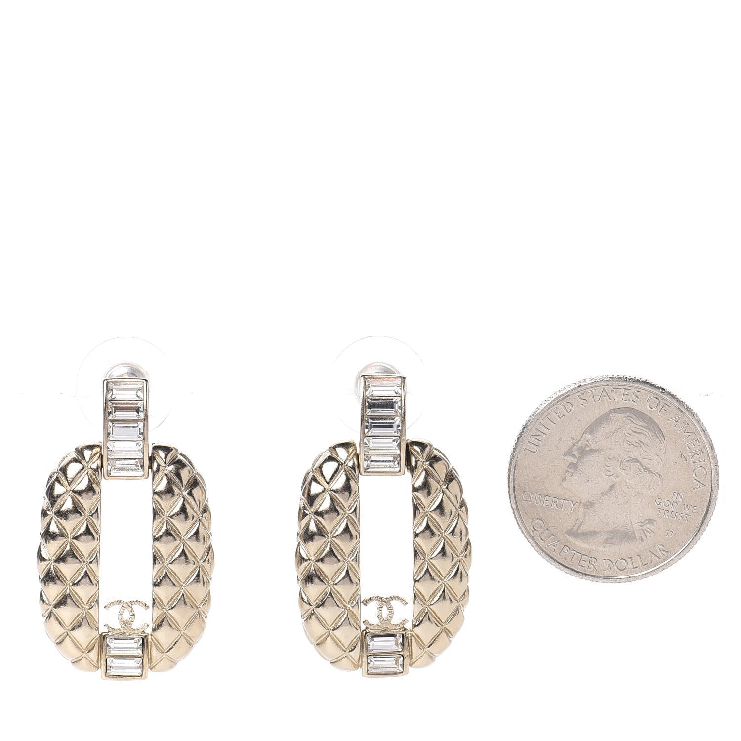Chanel Baguette Crystal Quilted CC Dangle Earrings Gold 2 of 5