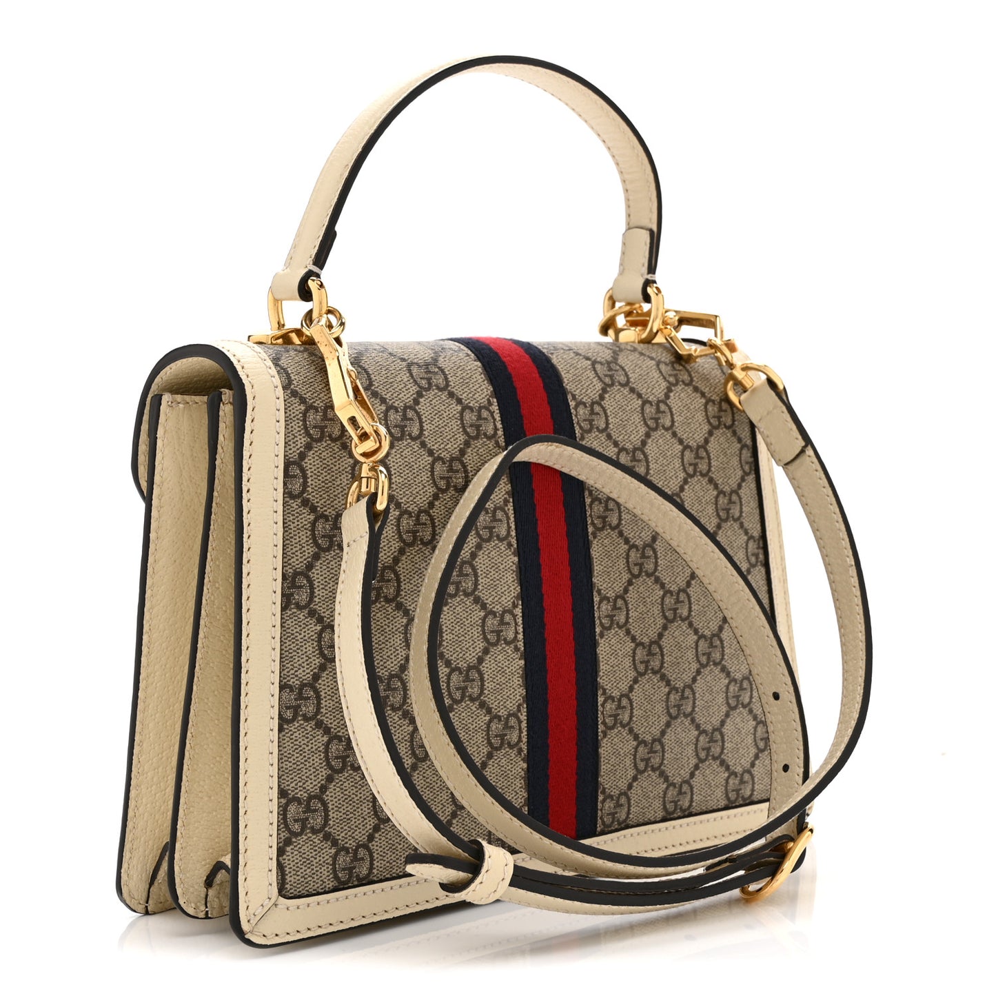 GG Supreme Monogram Textured Dollar Calfskin Web Small Ophidia Padlock Top Handle Bag Beige Ebony Mystic White