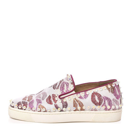 Christian Louboutin Metallic Fabric Lurex Lips Spikes Womens Pik Boat Flat Sneaker 35 White Multicolor 1 of 10