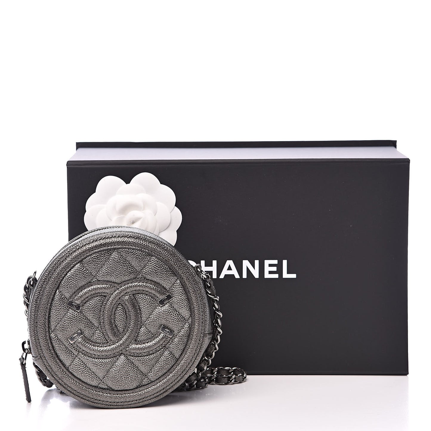 Metallic Caviar Quilted Round Filigree Crossbody Dark Silver
