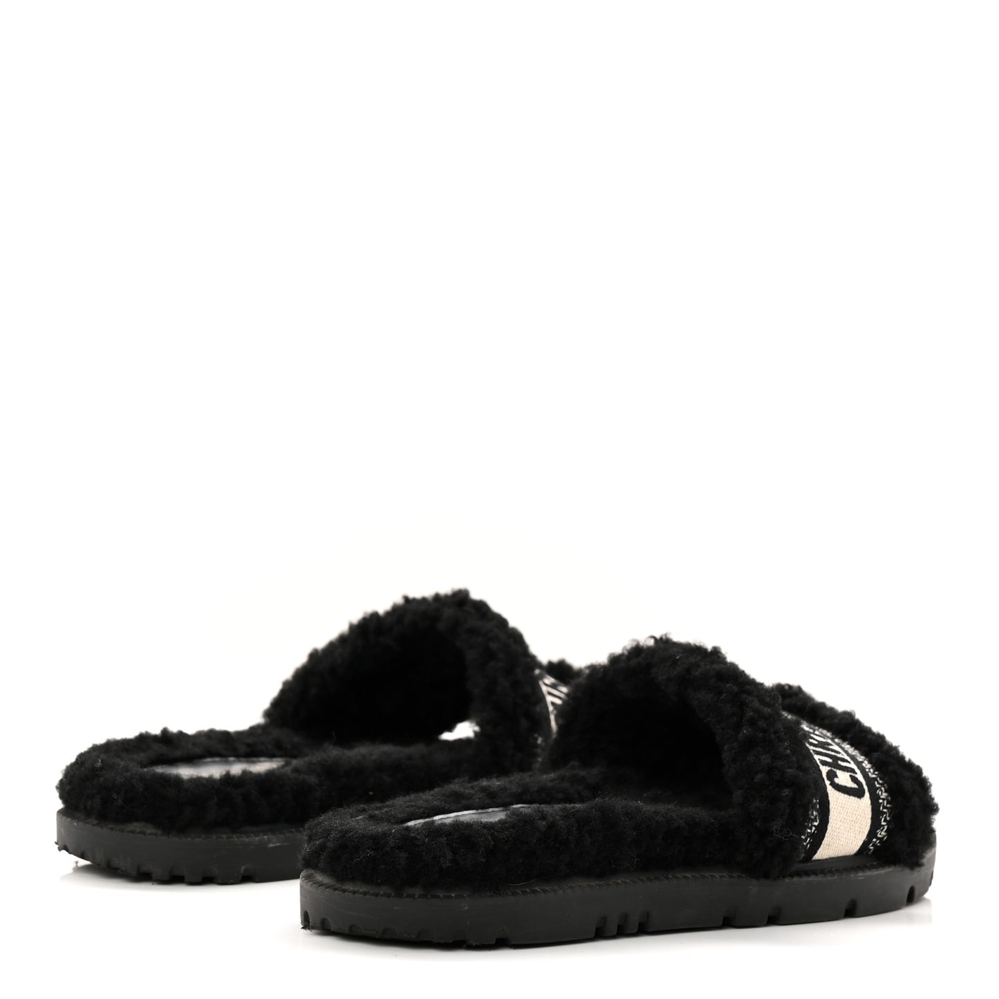 Shearling Canvas Lurex Embroidered Dway 10mm Slide Sandals 36 Black Natural