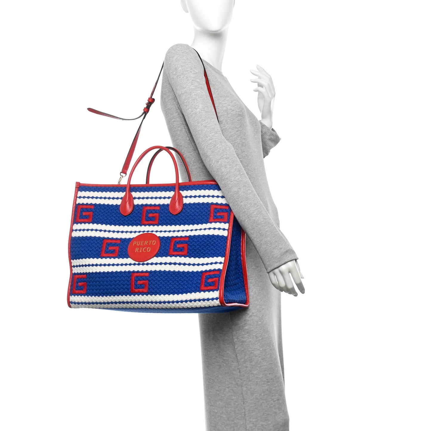 Fabric Embroidered Puerto Rico Striped Tote Bag Red White Blue