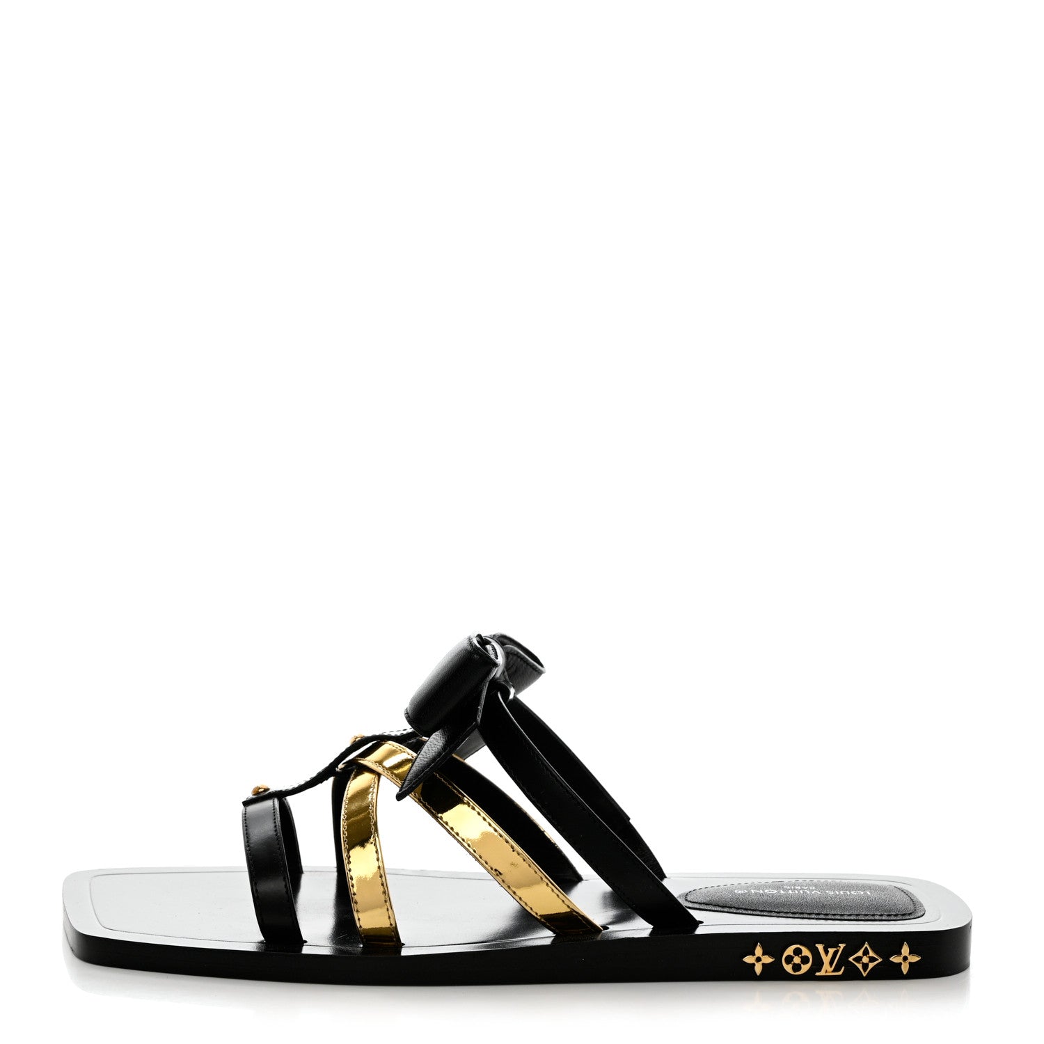 Louis Vuitton Metallic Calfskin Peplum Flat Sandals 37 Black Gold 1 of 6