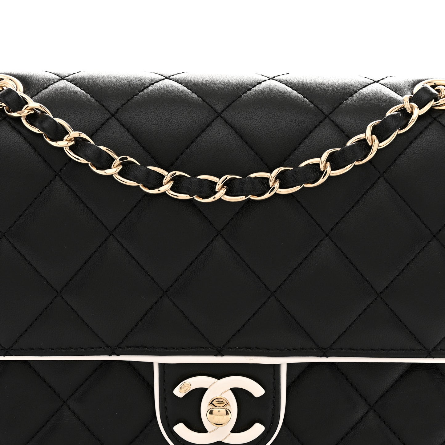 Lambskin Quilted Resin Graphic Frame Flap Bag Black White