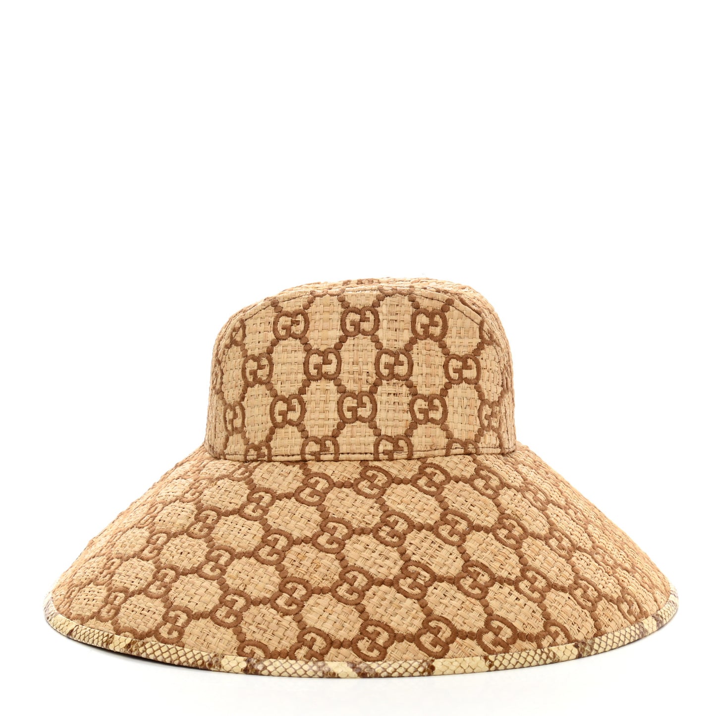 Raffia Elaphe GG Monogram Embroidered Wide Brim Hat Ivory Dark Brown