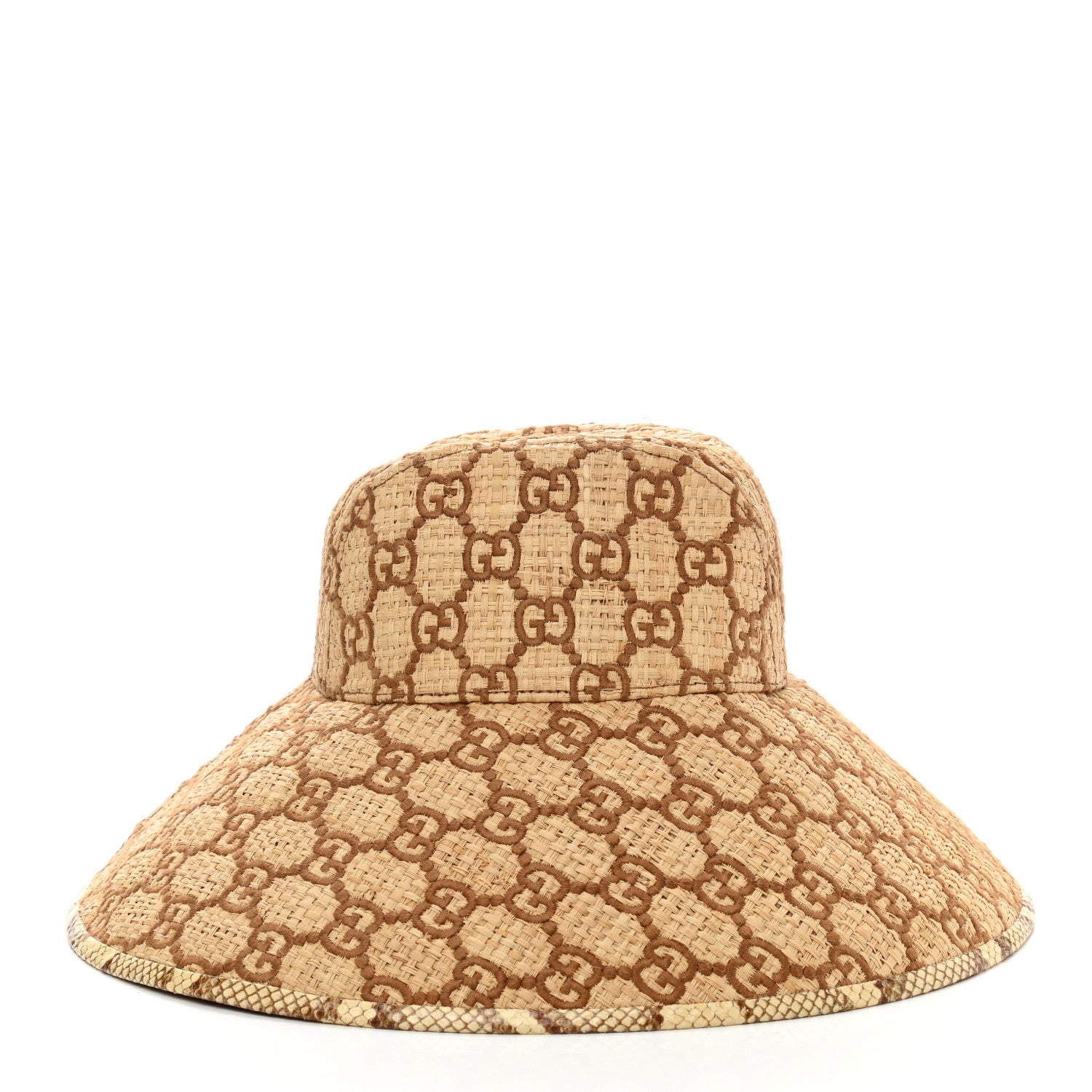 Gucci Raffia Elaphe GG Monogram Embroidered Wide Brim Hat Ivory Dark Brown 5 of 9