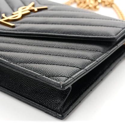Saint Laurent Grain De Poudre Matelasse Chevron Monogram Envelope Chain Wallet Black 10 of 12