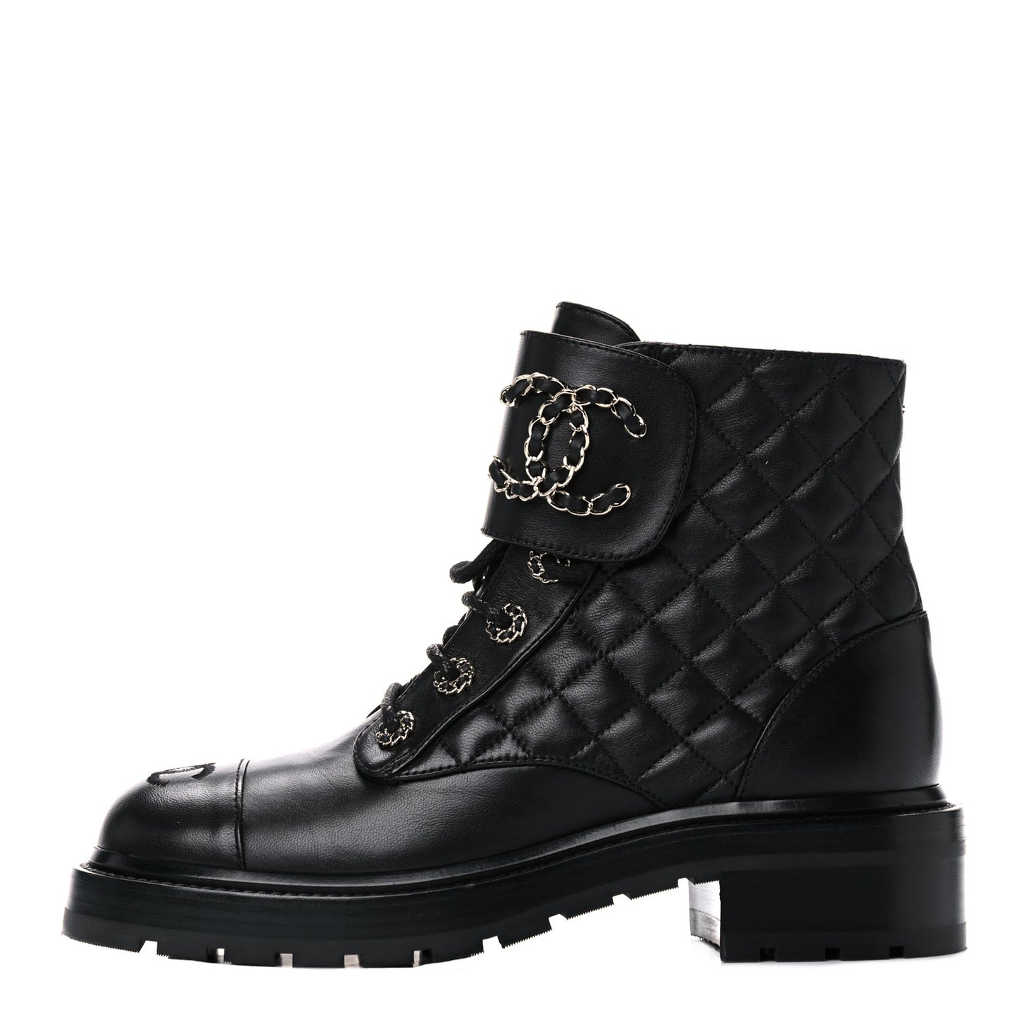 Shiny Lambskin Quilted Lace Up Combat Boots 38 Black