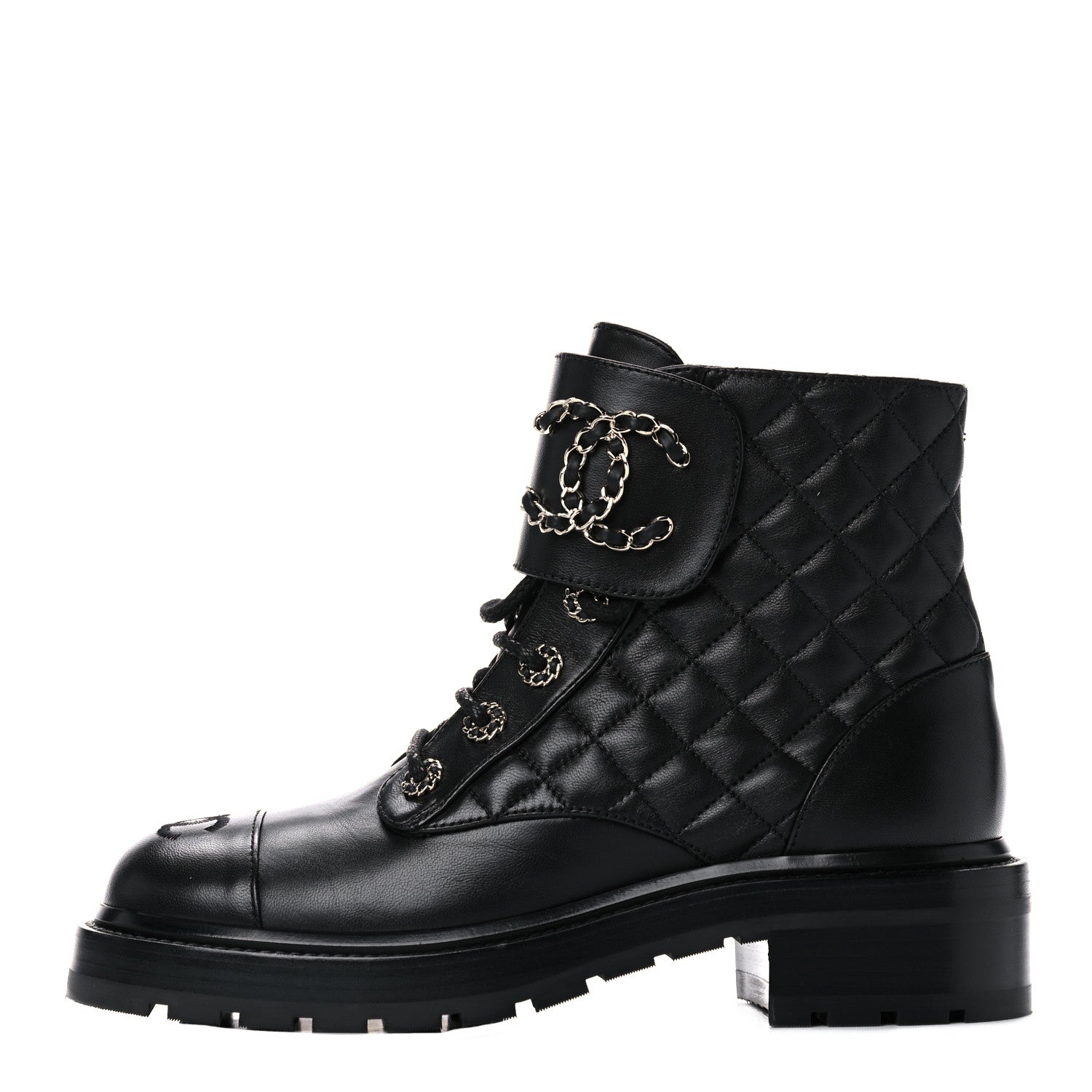Chanel Shiny Lambskin Quilted Lace Up Combat Boots 38 Black 1 of 12
