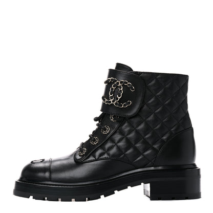 Chanel Shiny Lambskin Quilted Lace Up Combat Boots 38 Black 1 of 12