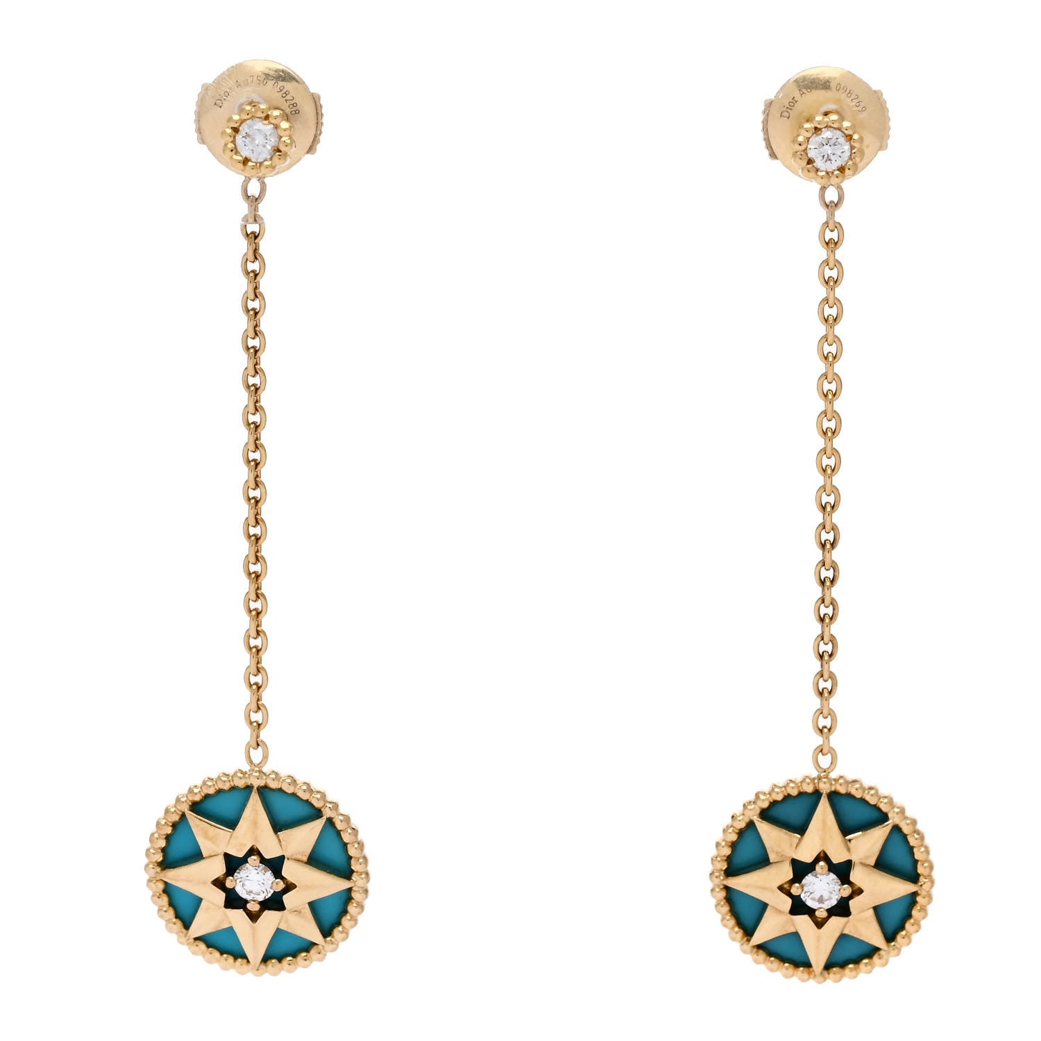 Christian Dior 18K Yellow Gold Diamond Turquoise Rose Des Vents Drop Earrings 1 of 5